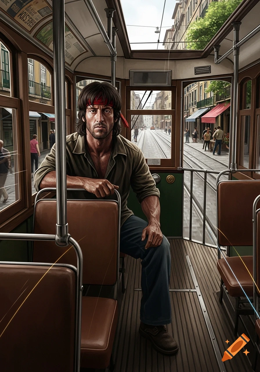 A photorealistic man resembling John Rambo sits intently in a vintage tram, with a city street visible through the windows.