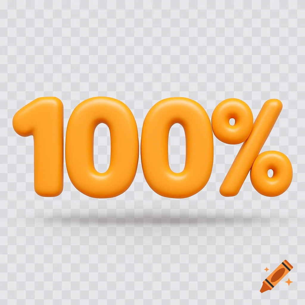 Orange, soft plastic 3D text showing '100%' with rounded edges and a soft shadow on a transparent background.