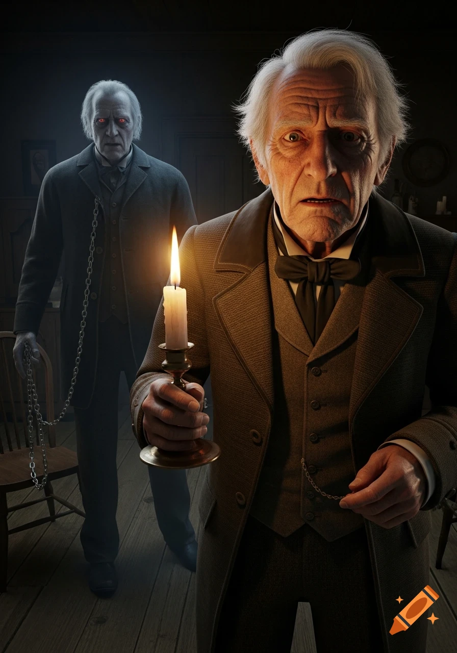 A scared elderly Victorian man holds a candle, looking at a pale ghost with red eyes and chains behind him in a dark room.