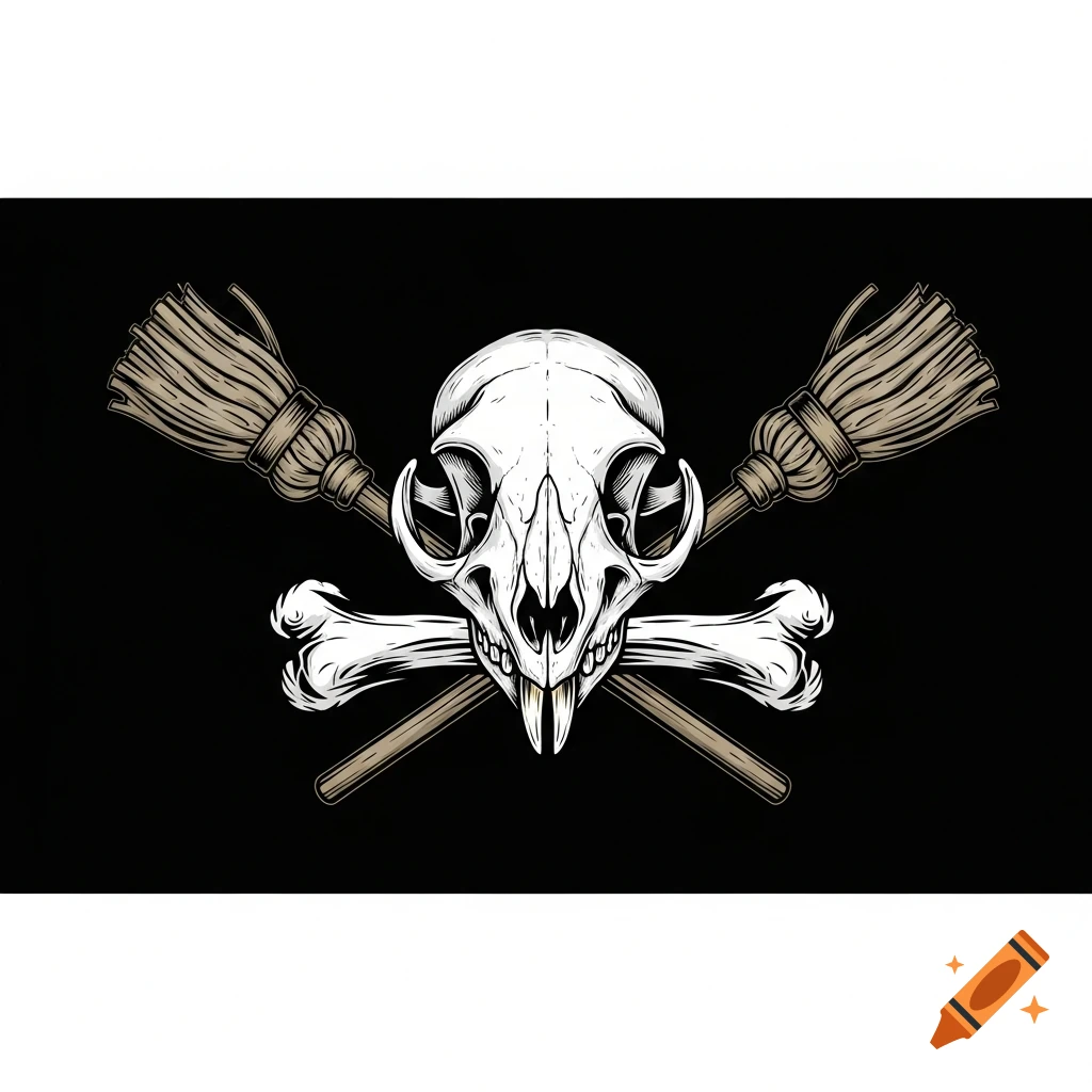 A stylized white rodent skull with prominent incisors, crossed with two brooms and two bones, against a black background.