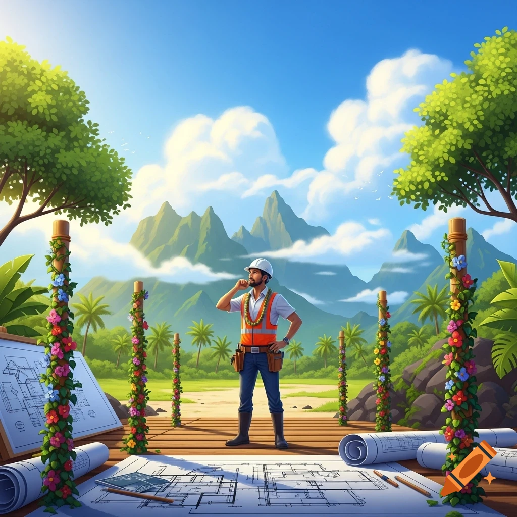 A cartoon-style engineer in a hard hat and safety vest stands on a wooden deck surrounded by blueprints, with tropical mountains and lush foliage in the background.