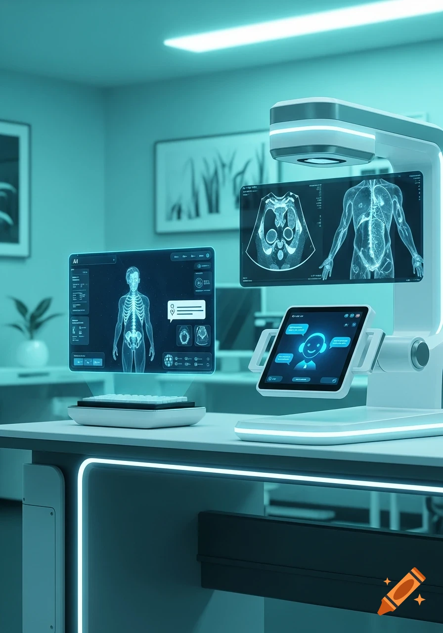 A futuristic teal-toned medical lab with AI imaging tools displaying human skeletal and organ scans, alongside a tablet showing an AI chatbot interface.