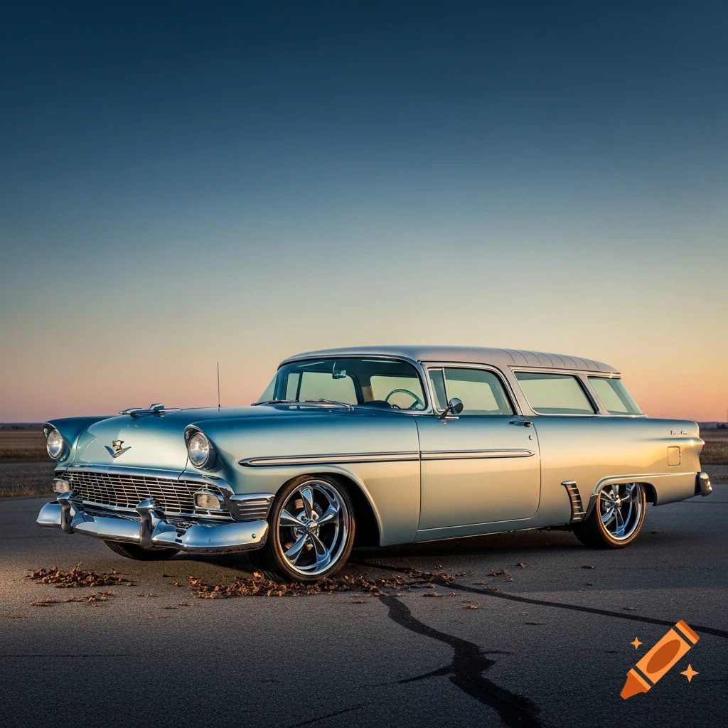 A classic metallic silver-blue 1956 Chevrolet Nomad station wagon with a white top and chrome rims parked on asphalt at sunset.