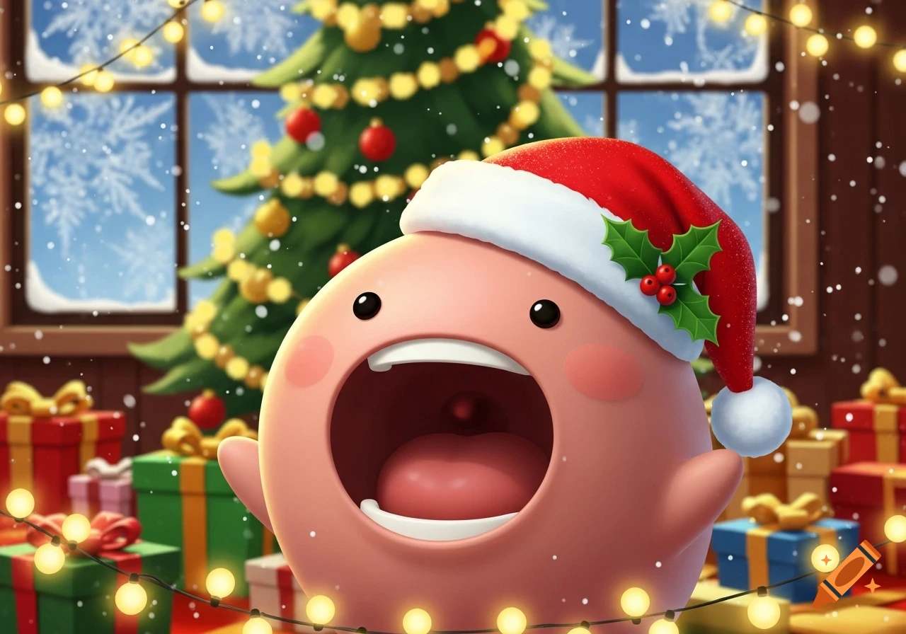 A cute, pink, cartoon blob character in a Santa hat, with its mouth wide open, surrounded by Christmas decorations and falling snow.