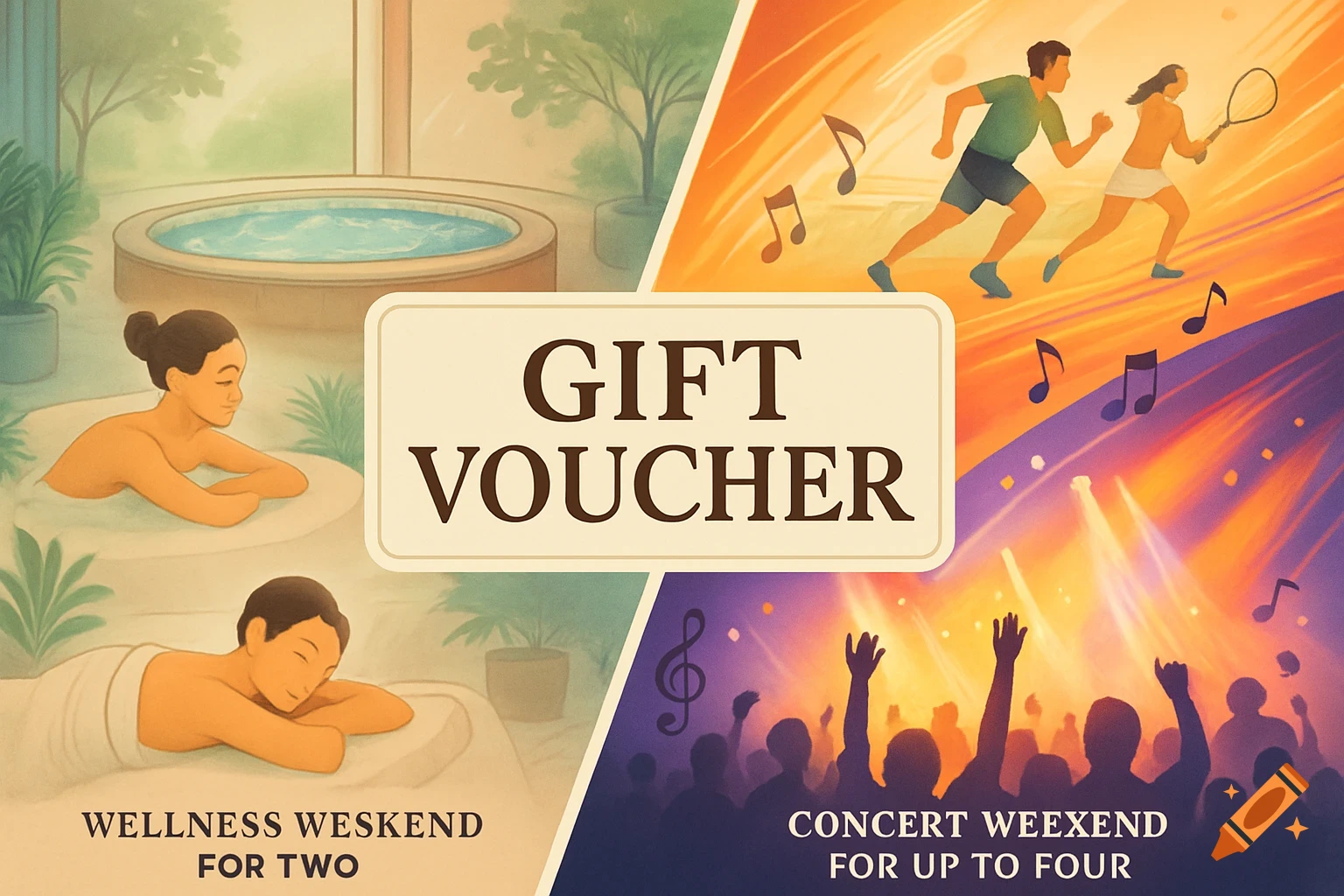 An illustrated gift voucher for a wellness weekend or concert weekend, split into four sections with images and text.