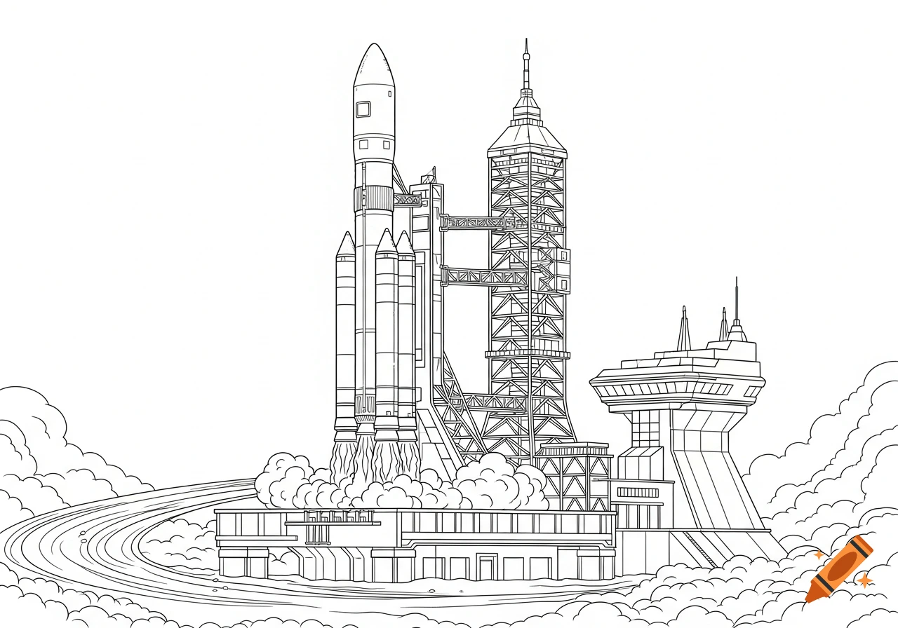 A black and white line drawing of a multi-stage rocket launching from a pad with a tower and control center amidst smoke.