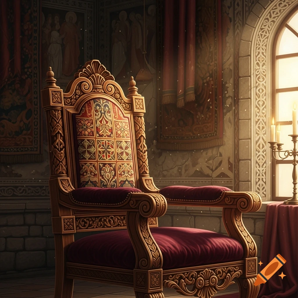 An ornate Renaissance-style wooden chair with red velvet cushions sits in a grand room with tapestries and a candelabra by a window.
