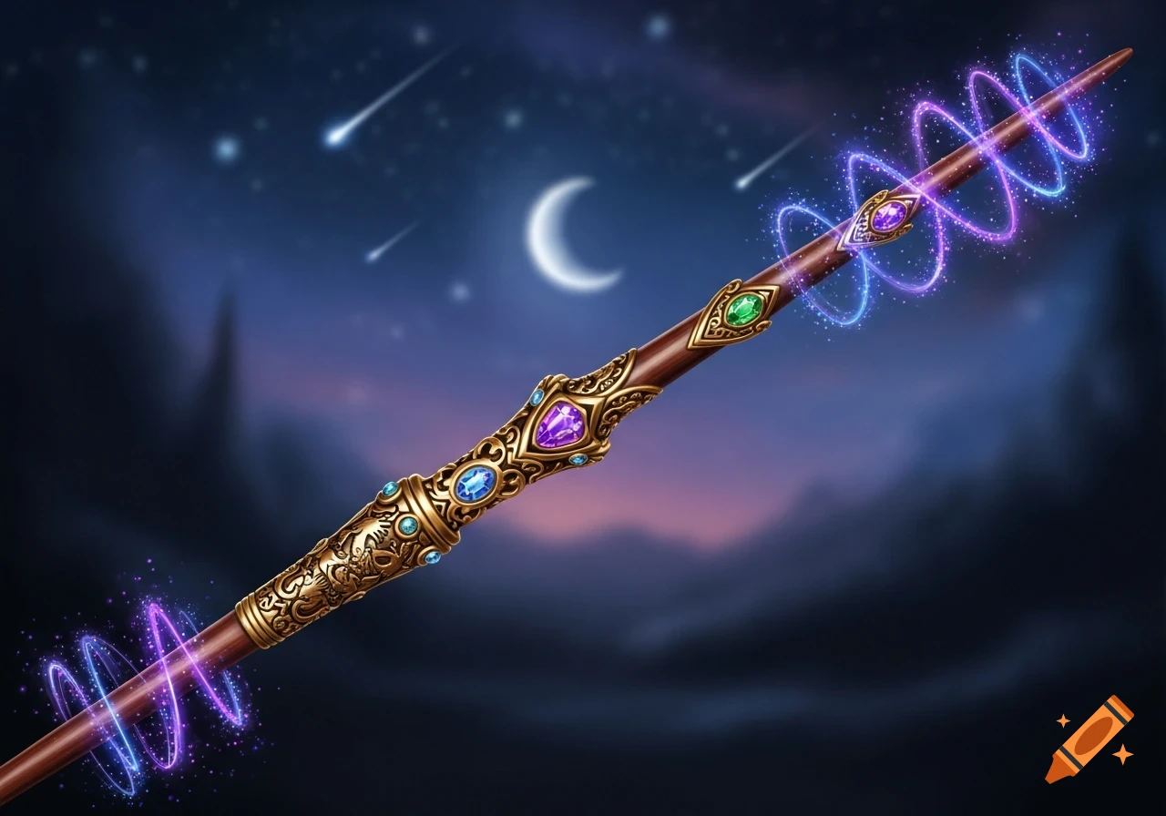 A richly decorated magic wand with glowing purple and blue energy spirals, set against a dark night sky with a crescent moon and shooting stars.