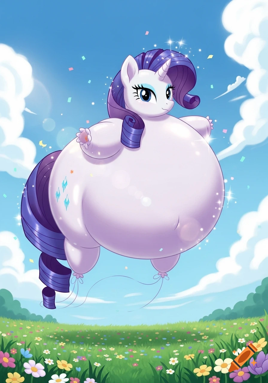 Cartoon Rarity from My Little Pony, inflated like a giant white balloon, floats over a vibrant field of flowers under a blue sky.