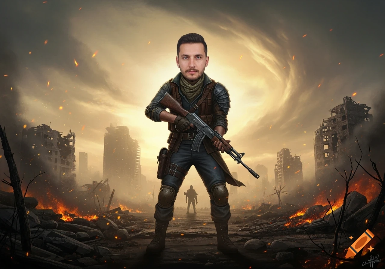 A man with a rifle stands in a destroyed, burning city under a stormy sky in a digital illustration style.