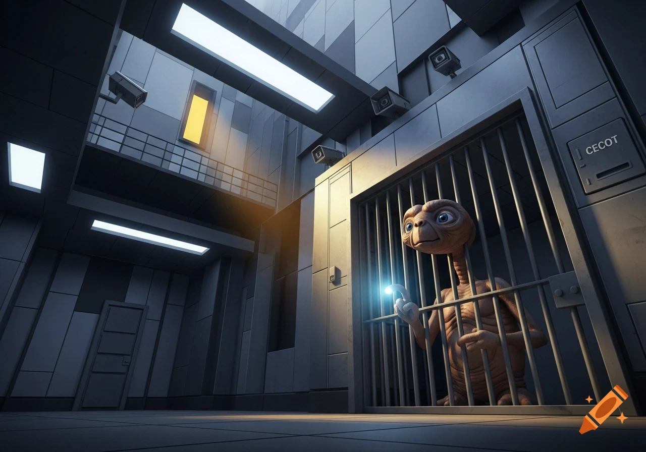 E.T., the alien, peering out from behind bars in a futuristic jail cell, holding a glowing fingertip.