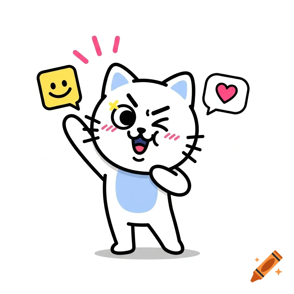 A cute cartoon white cat winks and smiles, holding up a speech bubble with a smiley face, another speech bubble with a heart.