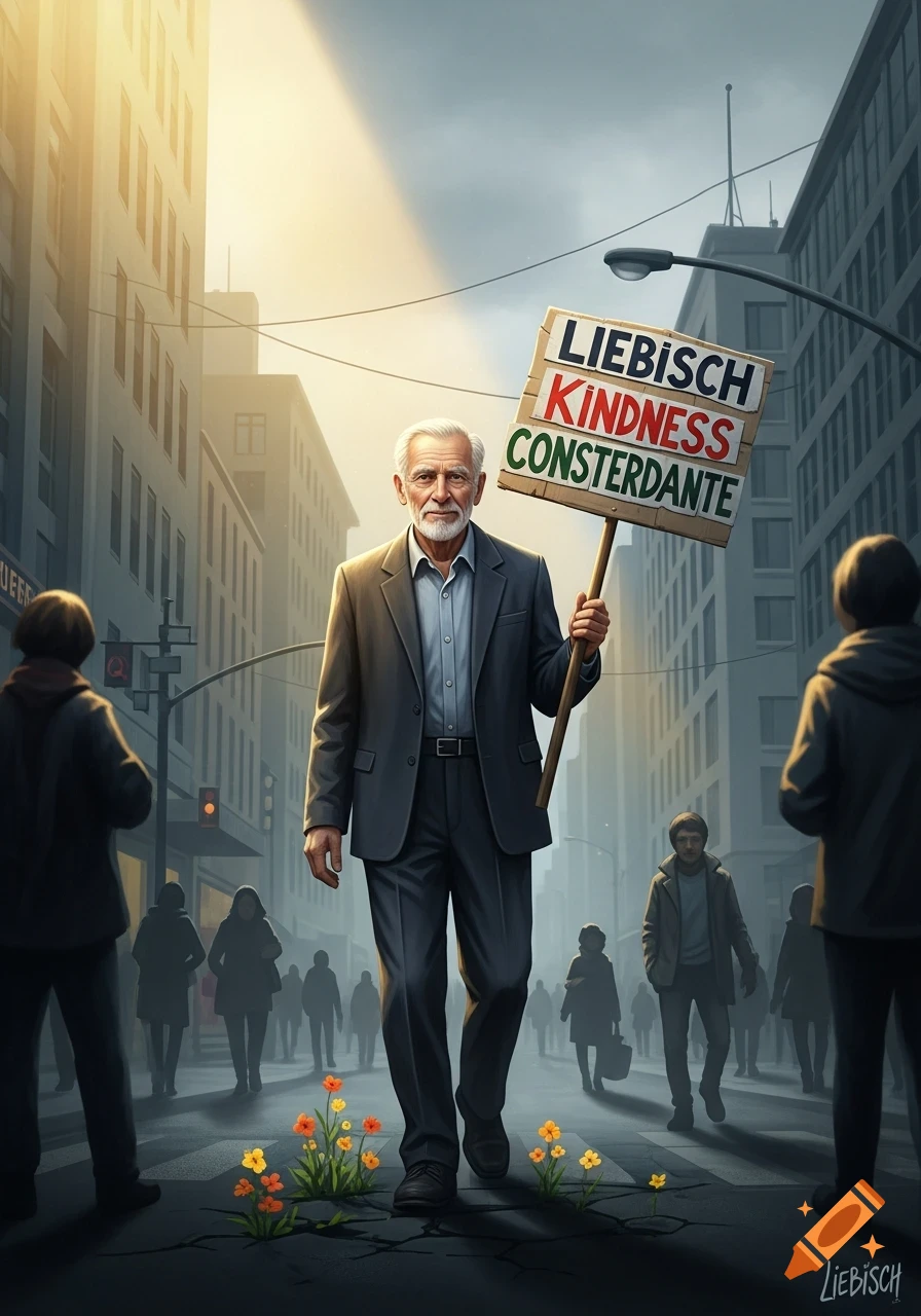 A digital illustration of an old man in a suit holding a sign with text in a city street. Flowers grow from cracks in the pavement.