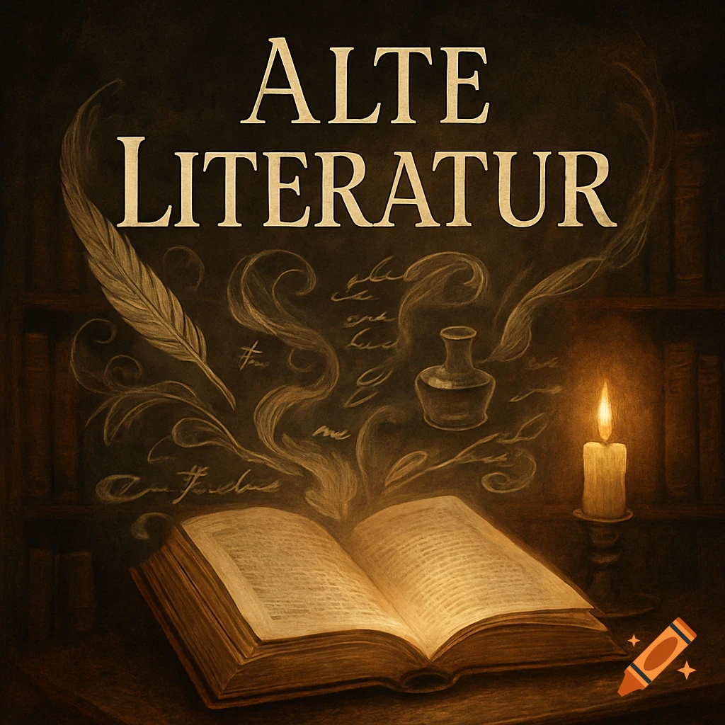 Stylized illustration of an open book, quill, inkwell, and a lit candle, with 'ALTE LITERATUR' text.