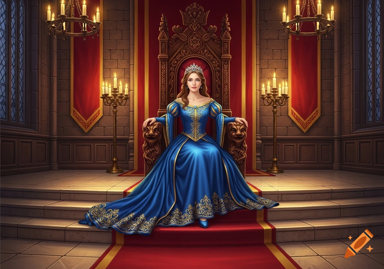 A regal princess in a blue and gold gown and tiara sits on an ornate throne in a grand castle hall with candelabras.