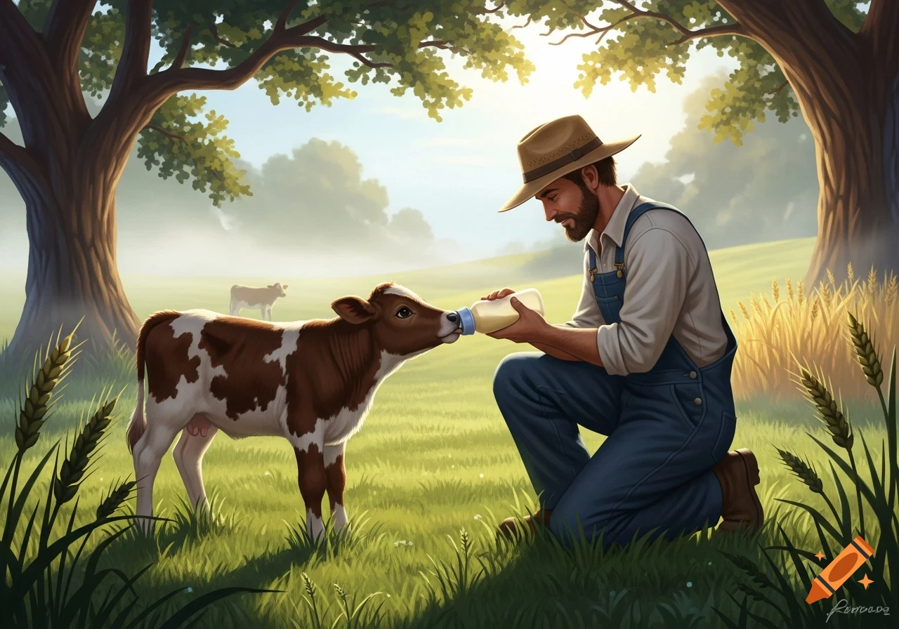 A farmer on his knees bottle-feeding a brown and white calf in a sunny green field with trees and distant cows.