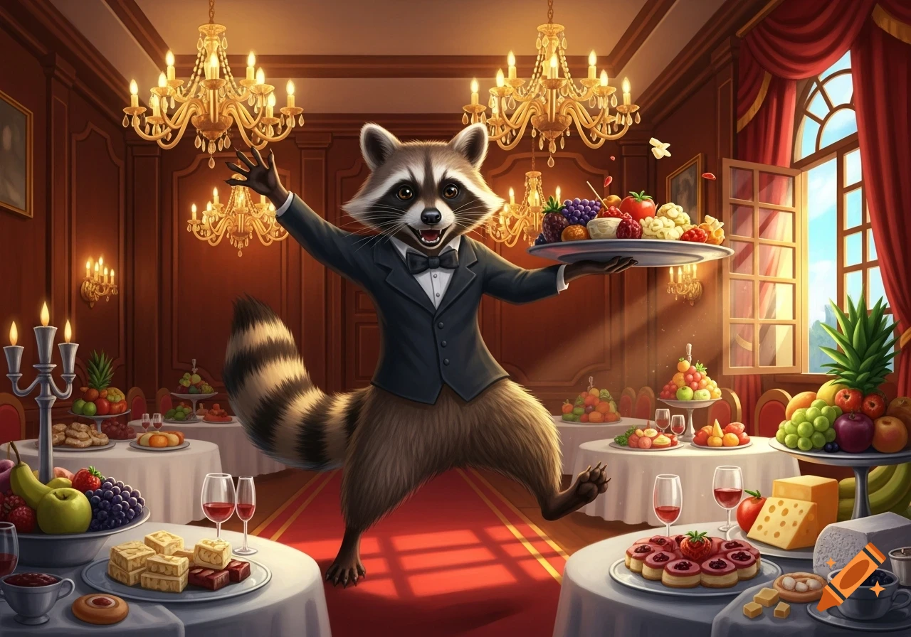 A smiling anthropomorphic raccoon waiter in a tuxedo holds a fruit tray in a lavish dining room with chandeliers and food-laden tables.