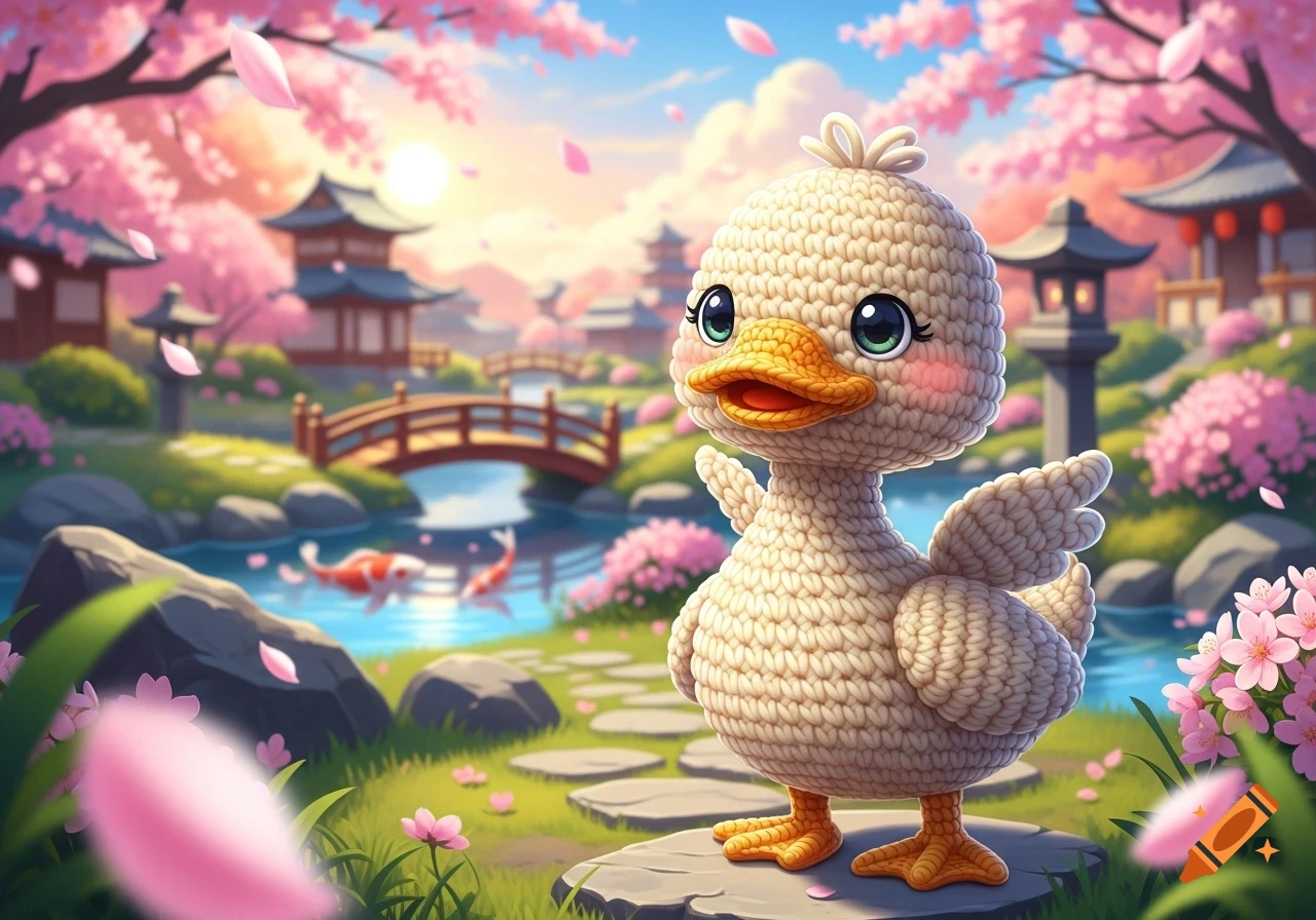 A cute amigurumi duck in a vibrant anime-style Japanese garden with cherry blossoms, koi fish, and traditional buildings.