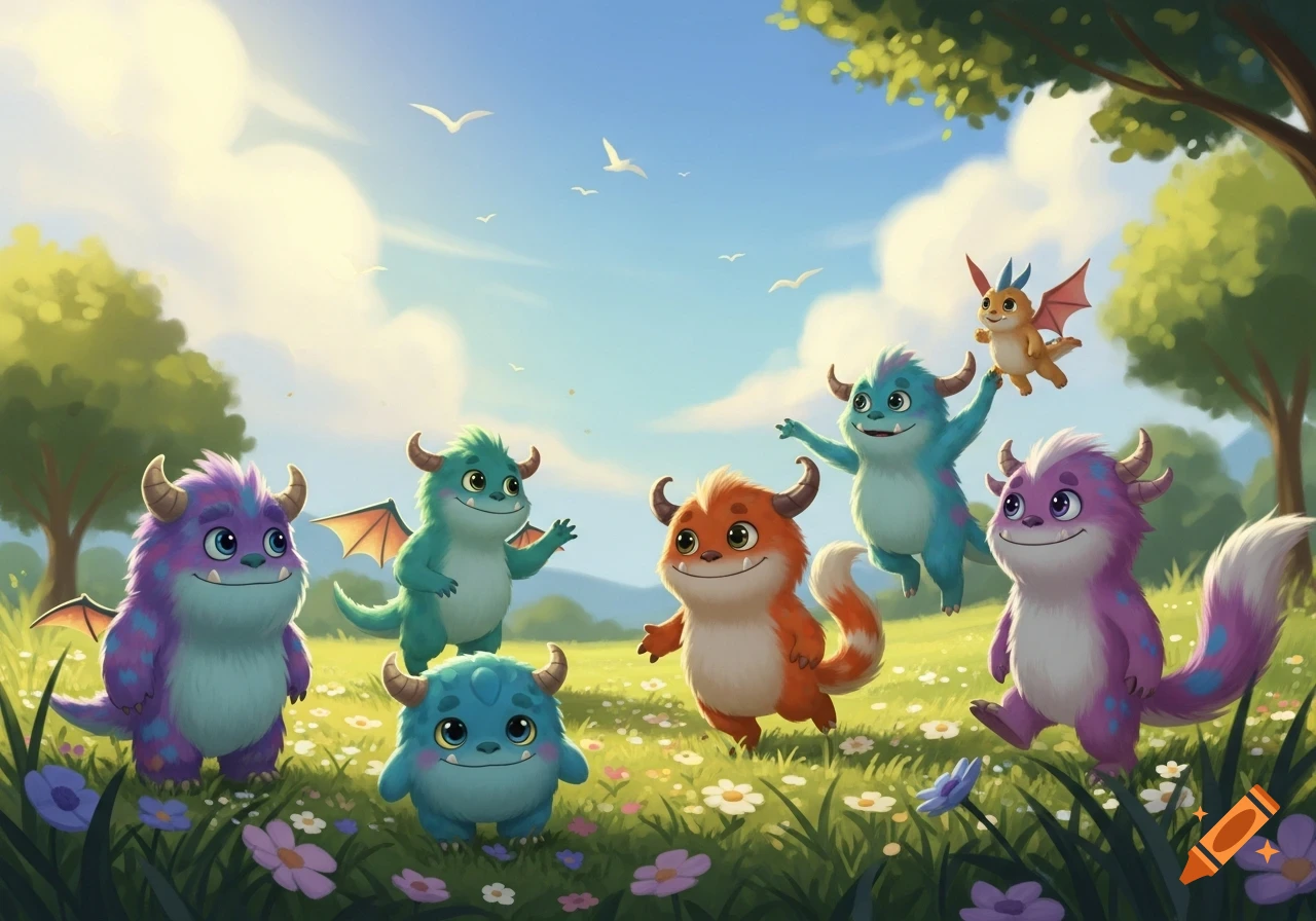Six cute, colorful, fluffy monster creatures frolicking in a sunny green field with flowers and trees, illustrated.