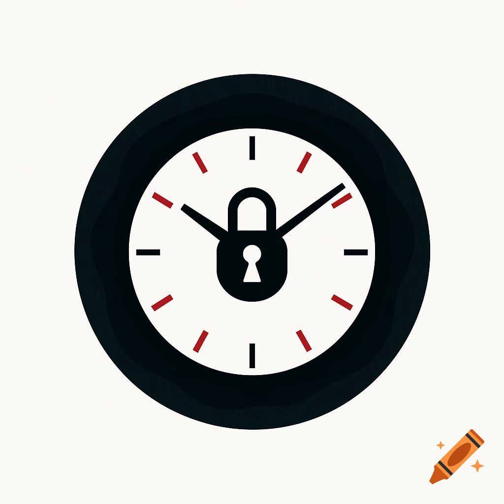 A minimalist logo featuring a black clock with red hour markers and a padlock icon at its center.