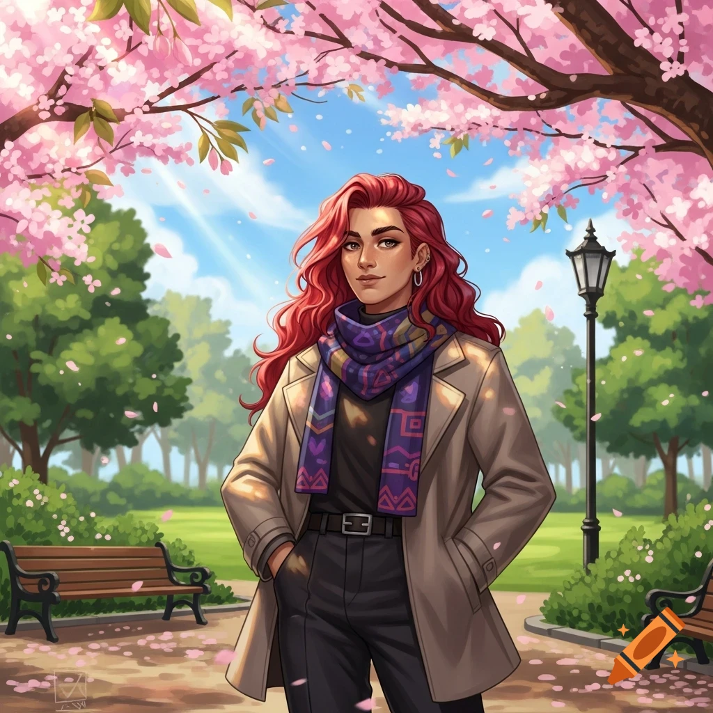 An illustration of a person with long red hair wearing a scarf and coat, standing in a park under pink cherry blossoms.