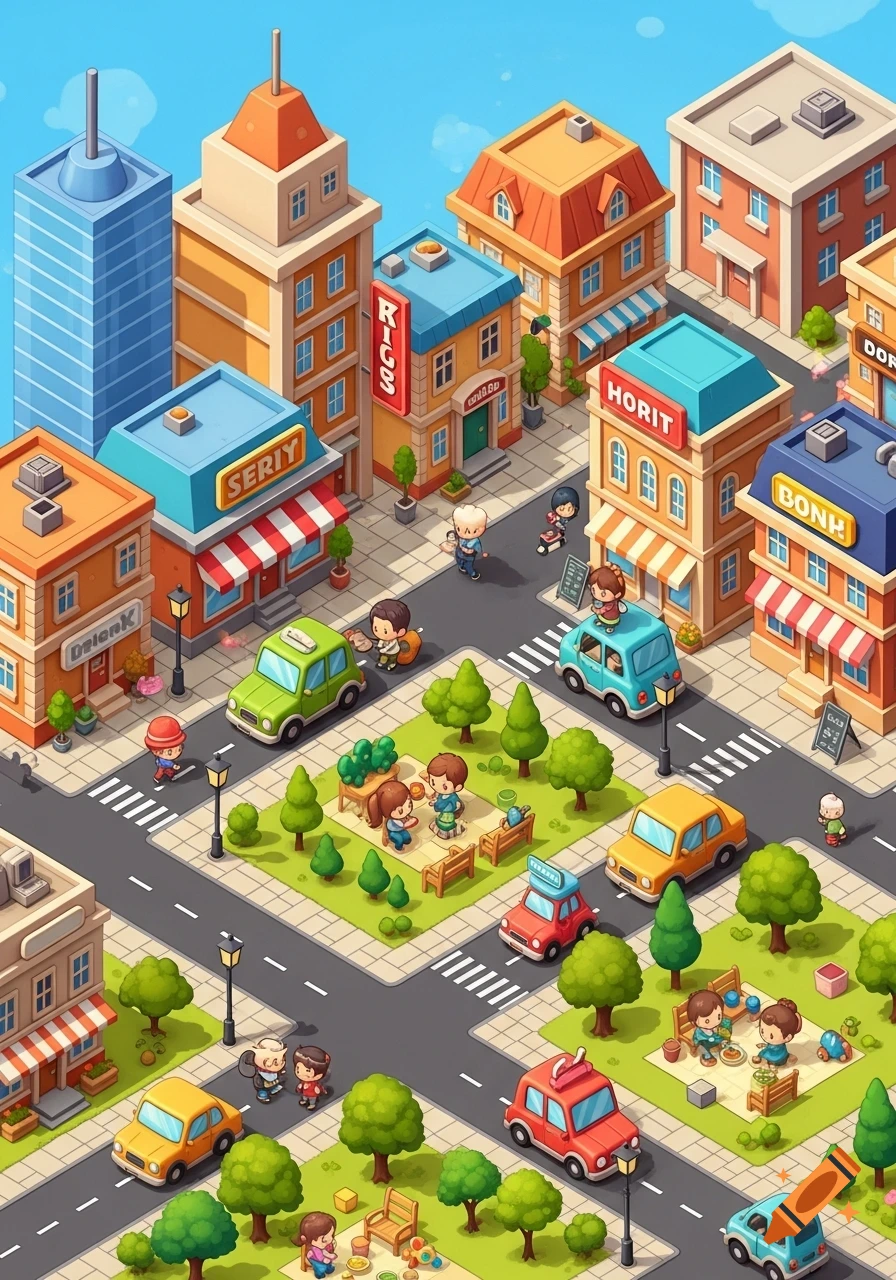 Vibrant isometric cartoon city scene with colorful buildings, roads, cars, and stylized people in parks and on sidewalks.