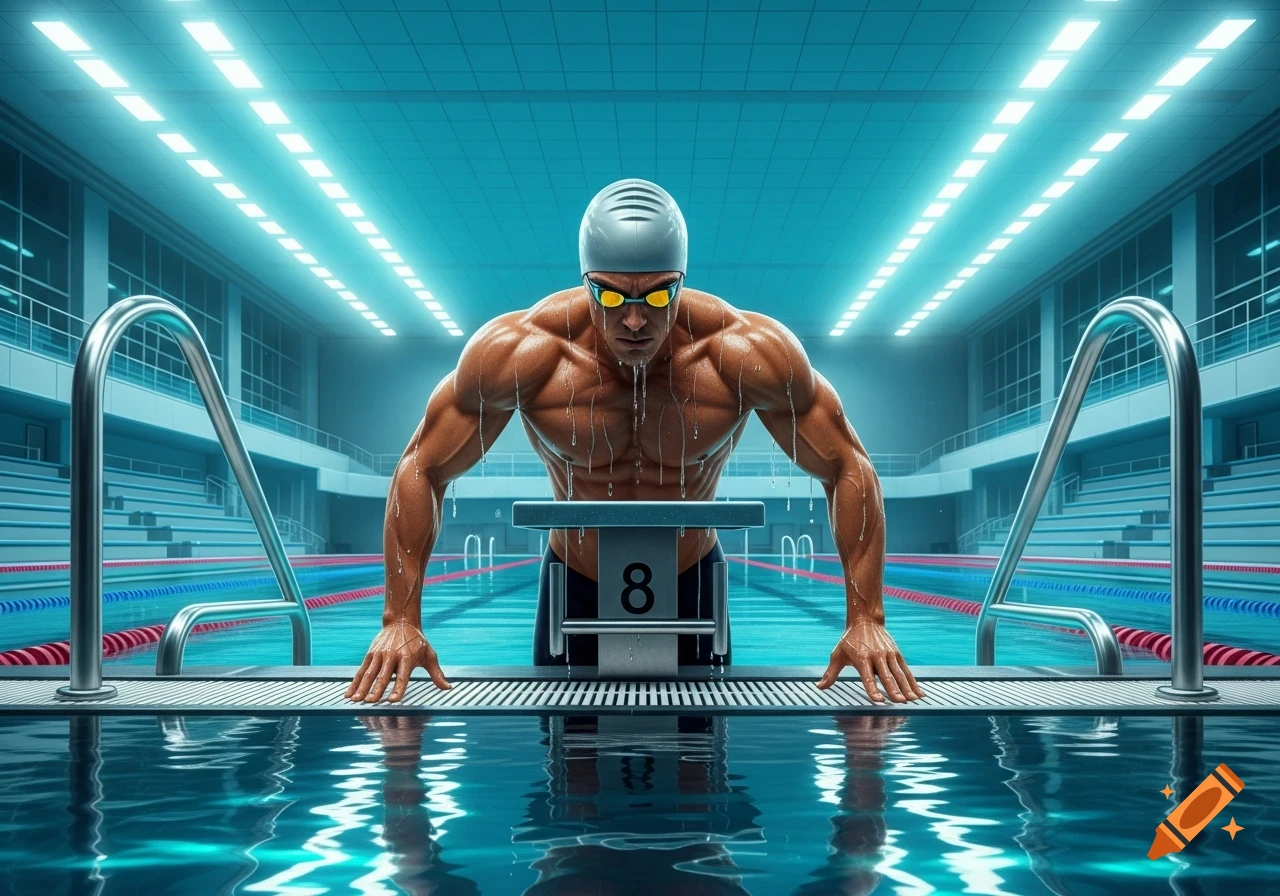 Muscular male swimmer on a starting block in an indoor pool, ready to dive, with water dripping from his body.