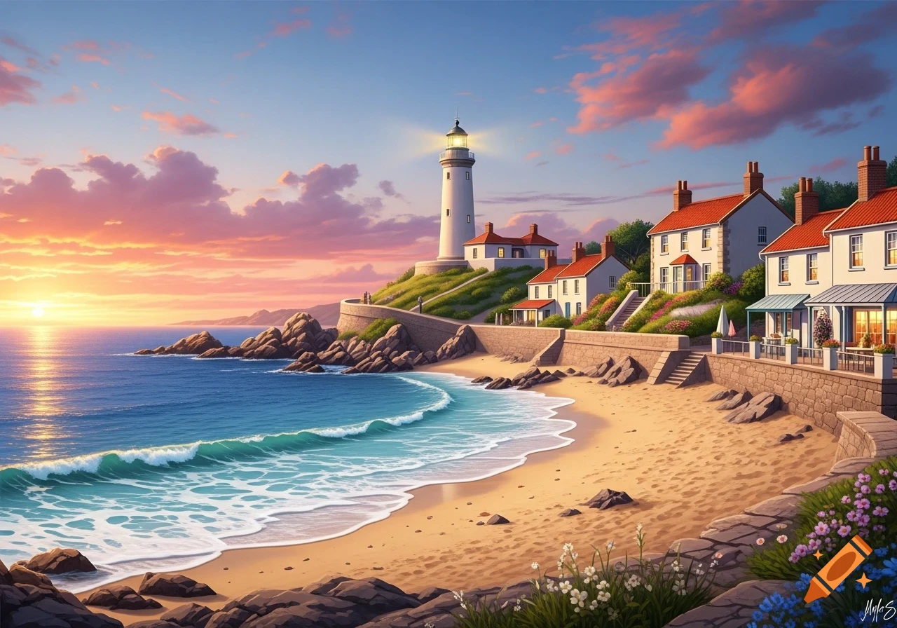 Vibrant illustrative painting of a coastal village at sunset, featuring a lighthouse on a hill overlooking a sandy beach with blue waves.