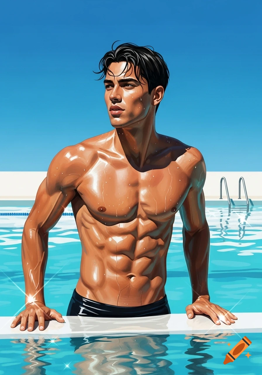 Muscular man with wet skin standing in a bright blue swimming pool, hands on the edge, in a digital illustration.