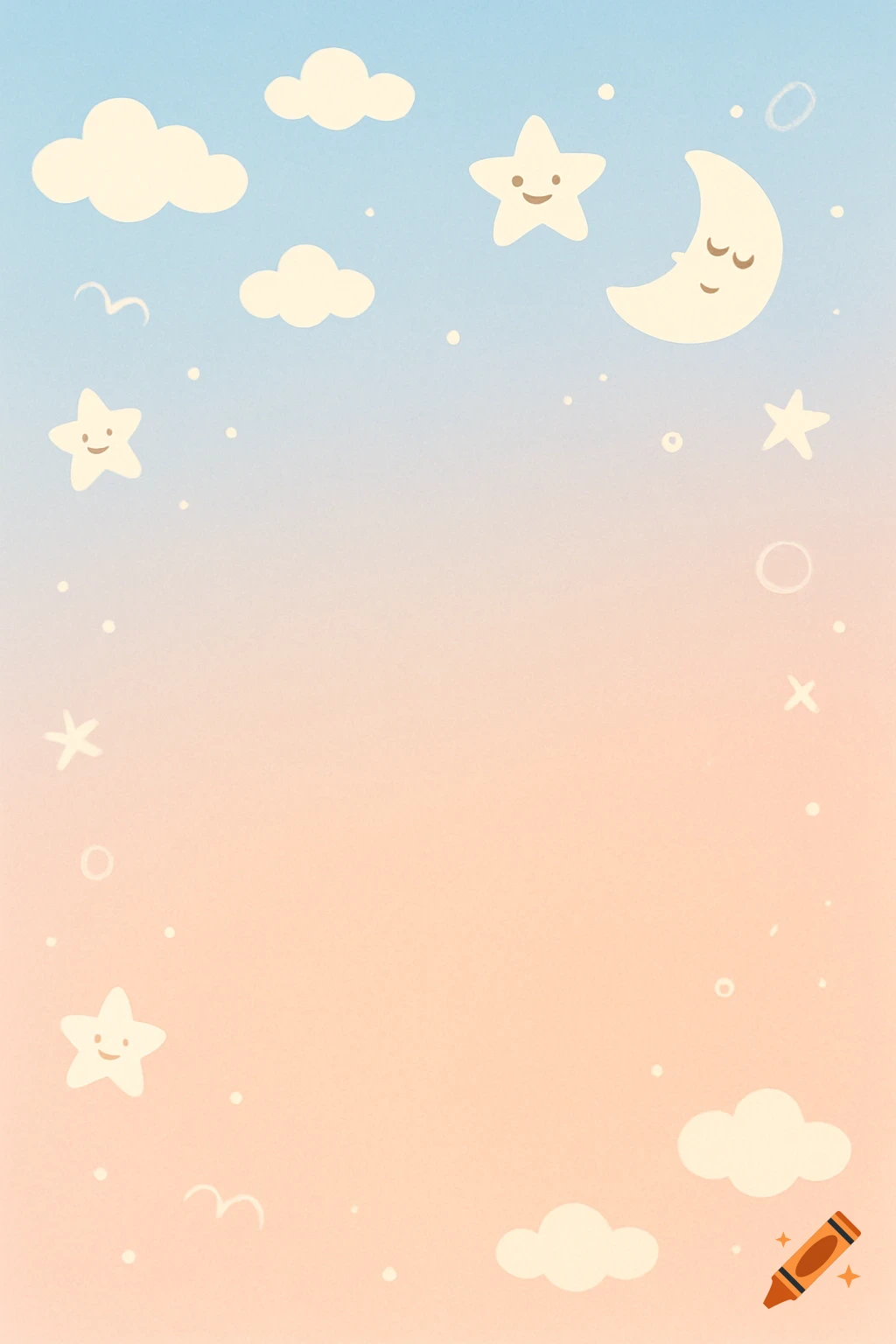 Cute illustration of smiling stars, moon, and clouds on a blue and orange gradient sky background.