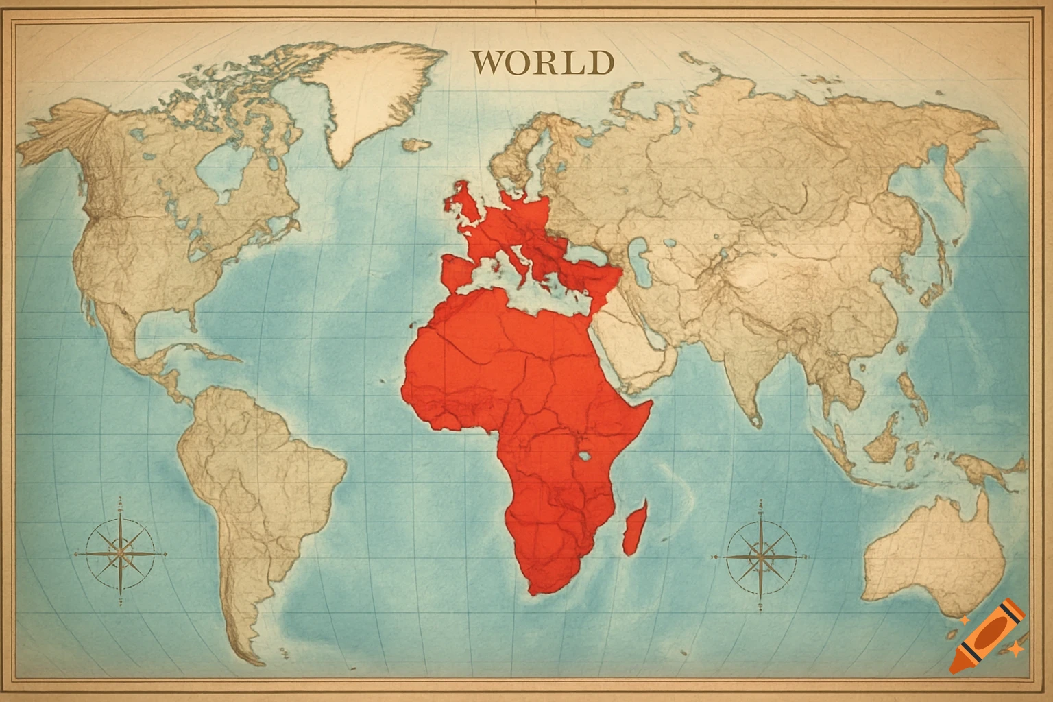 A vintage-style world map with Europe and Africa highlighted in red.