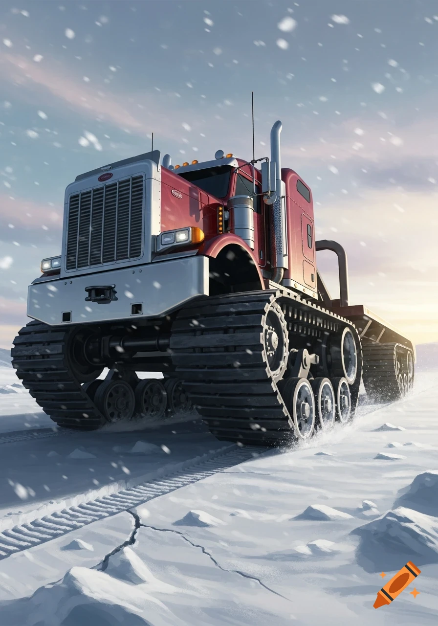 A powerful red Peterbilt semi-truck with tank tracks drives through a snowy, icy landscape under a dramatic sky at sunset.