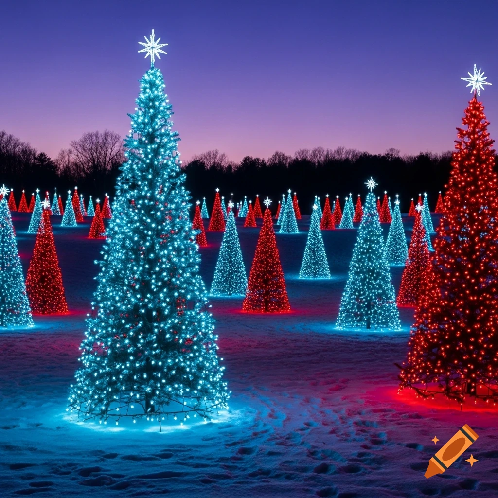 A snowy field at twilight filled with numerous Christmas trees, alternately lit with bright blue and red lights.