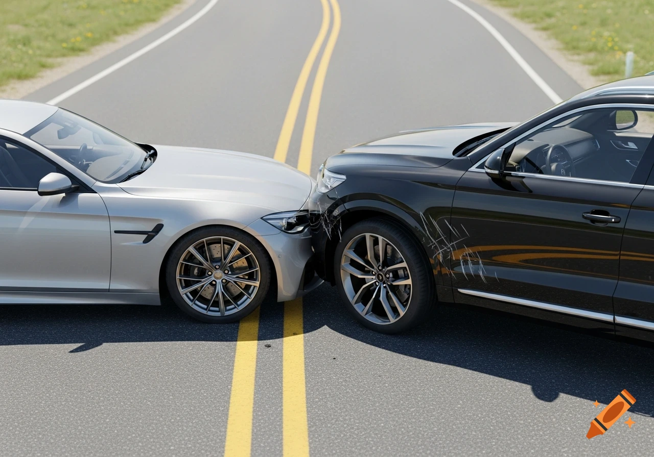 Two modern cars, a silver sedan and a black SUV, after a minor lateral collision on a two-way road, showing scratches.