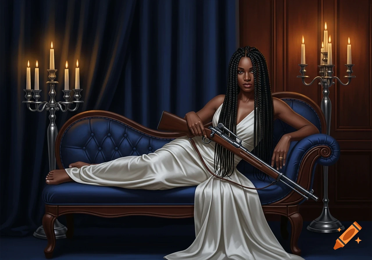 A Black woman with long braids in a white flowing gown reclines on a blue velvet chaise lounge, holding a rifle. Candelabras light the dark, opulent room.