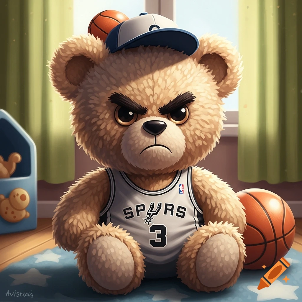 Grumpy cartoon teddy bear in a Spurs jersey and cap sits on a rug with a basketball in a child's room.