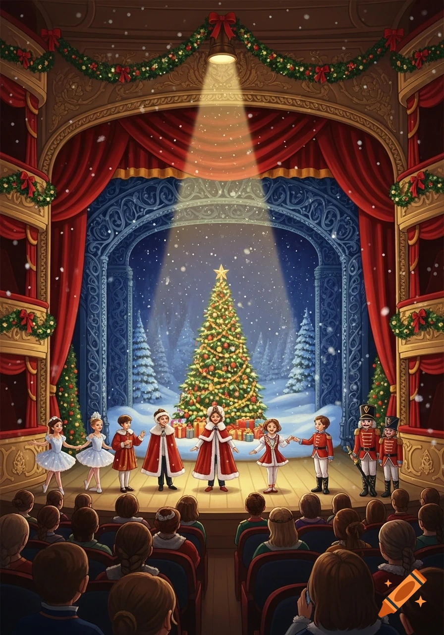An illustrated scene of a festive Christmas play on a theater stage, with children in various costumes and an audience.