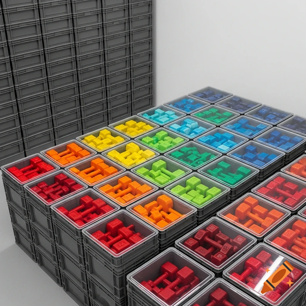 Stacks of grey plastic storage boxes filled with colorful red, orange, yellow, green, and blue dumbbells and cubes.