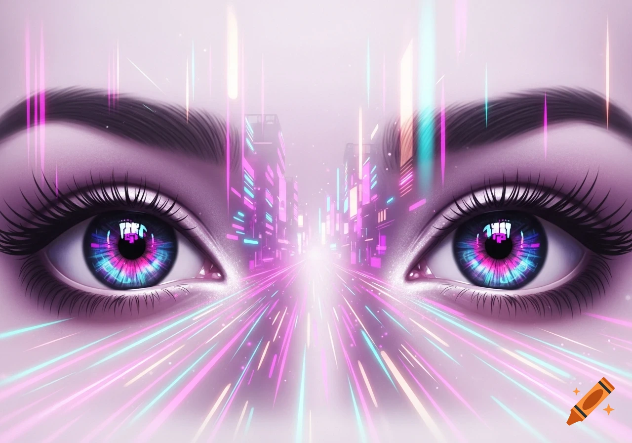 A pair of stylized, reflective eyes with neon pink and blue light streaks and abstract cityscape reflections, in a futuristic digital art style.