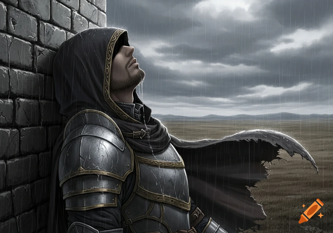 A hooded knight in armor leans against a stone wall in the rain, looking up with tears, in a dramatic fantasy art style.