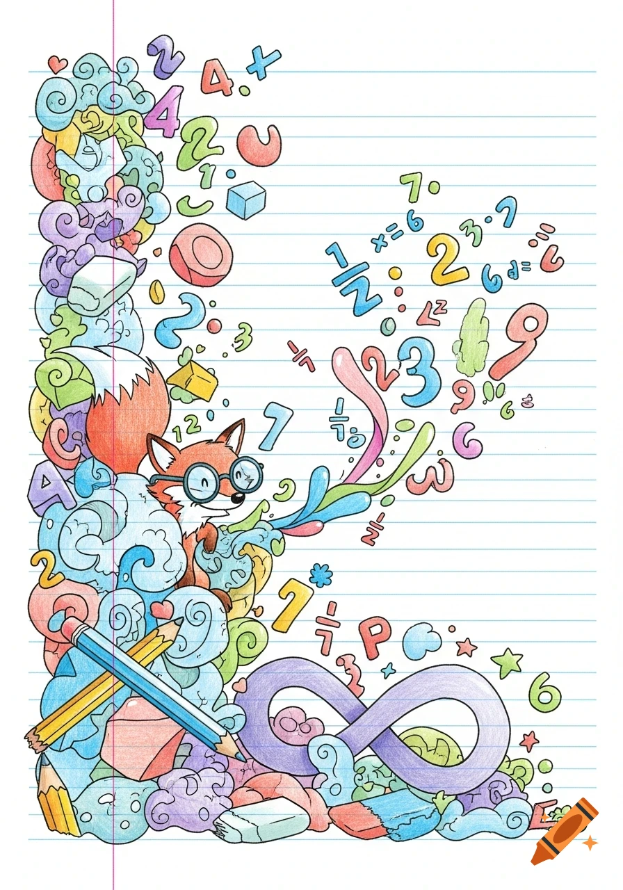 A colorful, whimsical doodle illustrating a bespectacled fox surrounded by numbers, math symbols, clouds, a pencil, and an eraser on lined paper.