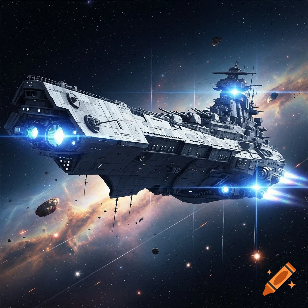 A large, grey futuristic battleship with glowing blue engines flies through a star-filled nebula-rich space.