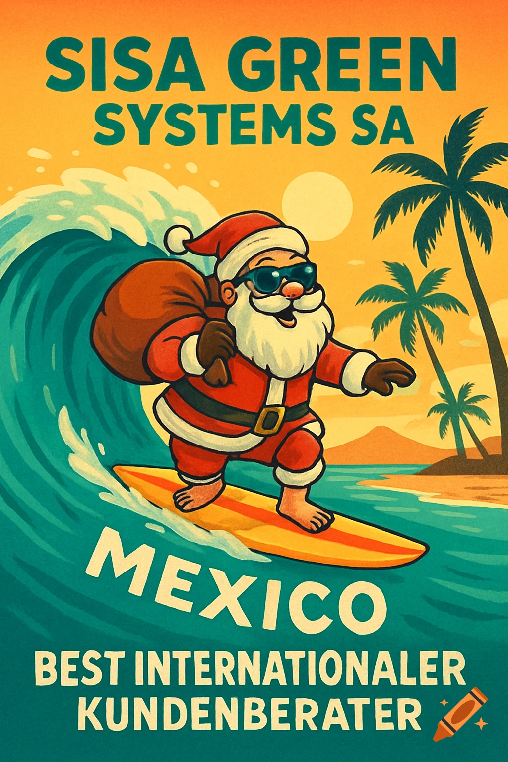 Colorful illustration of Santa Claus in sunglasses surfing a turquoise wave, under a sunset sky with palm trees.