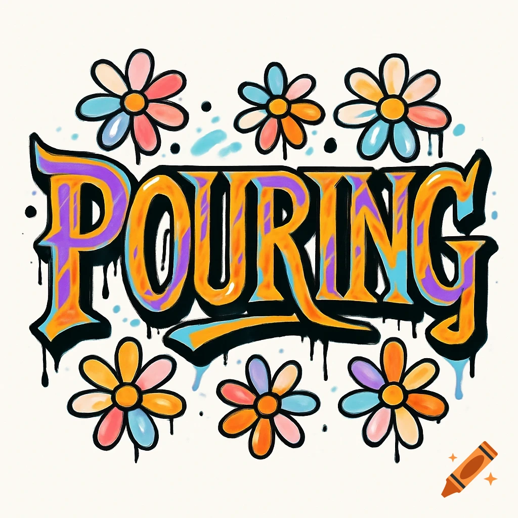 The word POURING in vintage graffiti style with purple, orange, and blue drips, surrounded by colorful daisy-like flowers.