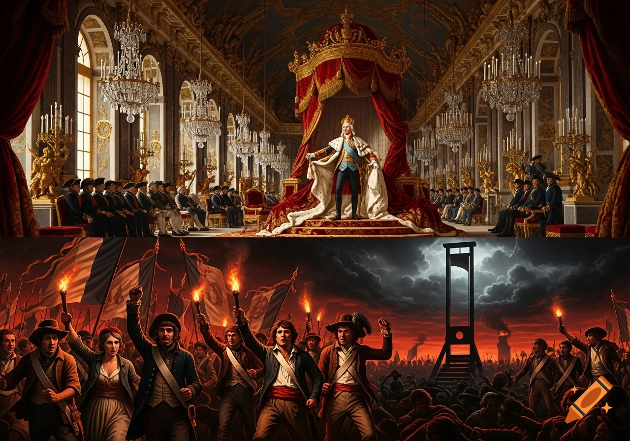 A collage depicting the French Revolution. The top shows a king in an opulent hall, surrounded by courtiers. The bottom shows revolutionaries with torches and flags, with a guillotine under a stormy sky.