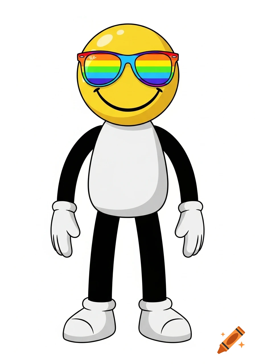A full-body cartoon character with a yellow smiley face head, rainbow sunglasses, black limbs, white body, and white gloves.