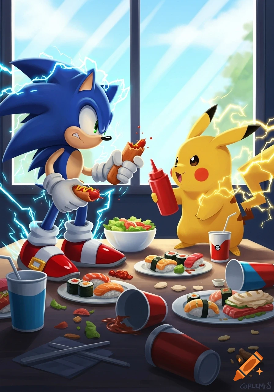 Sonic the Hedgehog and Pikachu engaged in a messy food fight with hot dogs and sushi on a table, surrounded by spilled drinks, in a bright cartoon style.