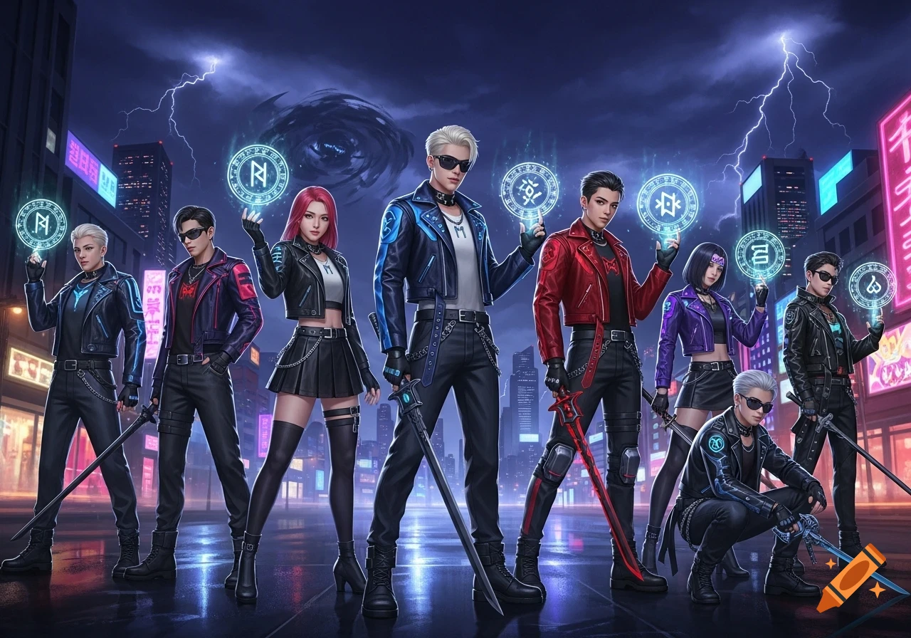 A group of stylish K-pop-inspired demon hunters with swords and glowing runes stand in a neon-lit futuristic city under a stormy sky.