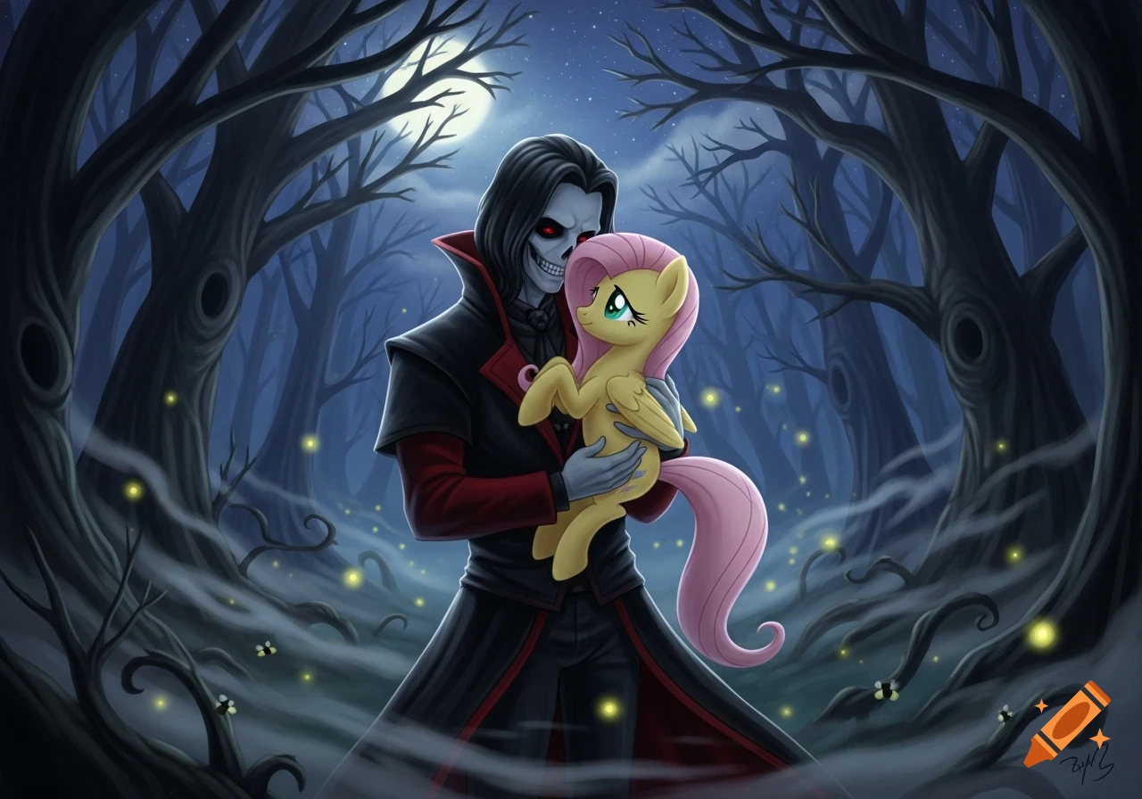 A skeletal figure with red eyes holds a yellow pony in a dark, moonlit forest with glowing fireflies. The art style is illustrative.