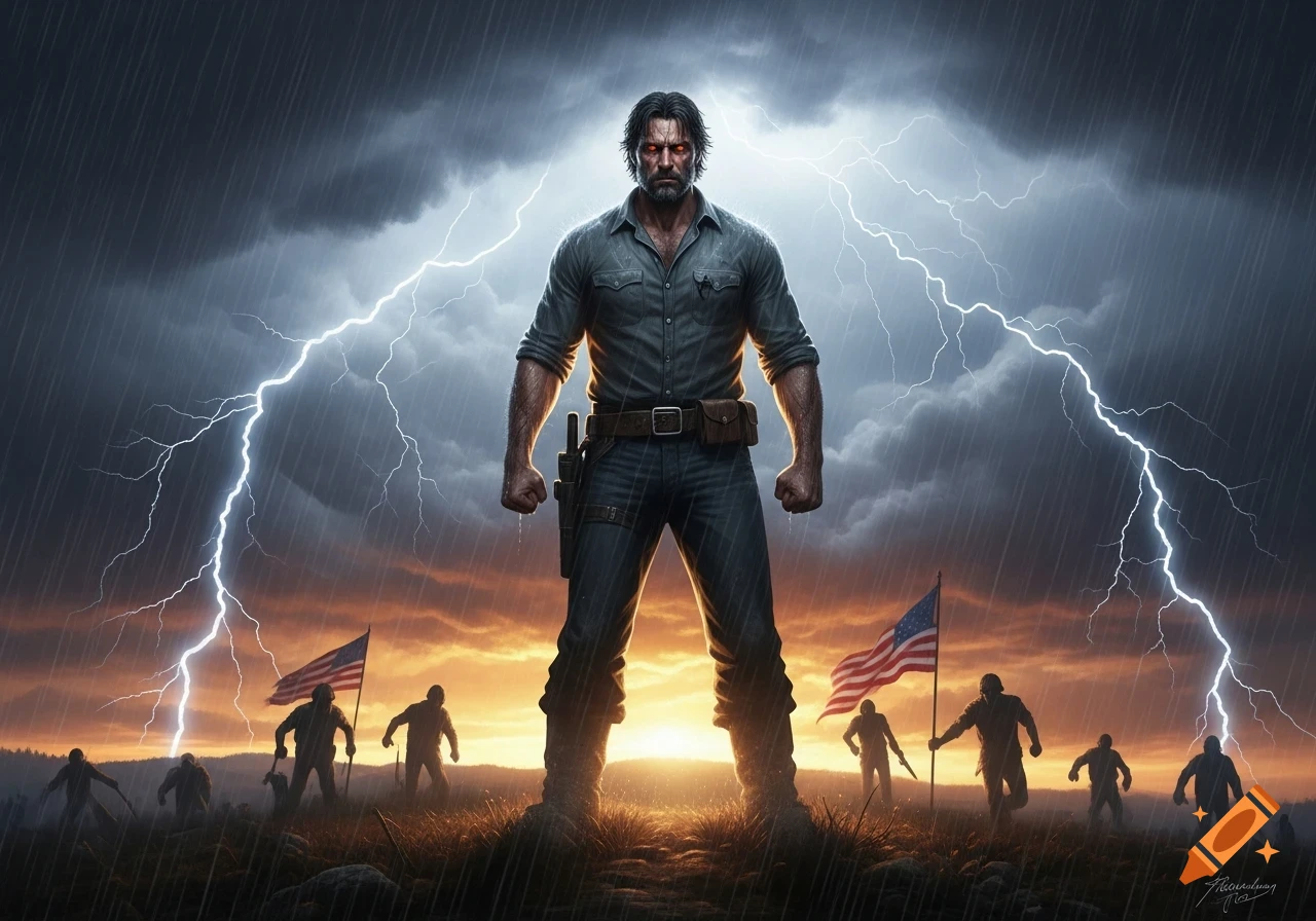A grizzled man with red eyes stands strong in a dramatic rainstorm with lightning, surrounded by shadowy figures and American flags at sunset.